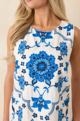 Coastal Mosaic Ivory & Blue Embroidered Mini Dress
