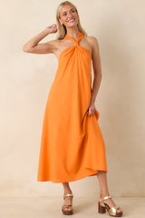Citrus Kisses Orange Linen Blend Halter Midi Dress