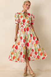 Talking Among the Tulips Ivory & Red Multi Floral Cotton Midi Dress
