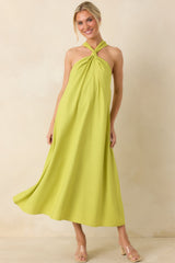 Citrus Kisses Chartreuse Linen Blend Halter Midi Dress