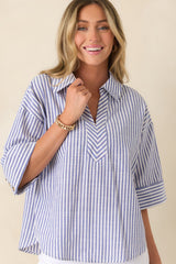 Leading Lines Blue Stripe Collared V-Neck Blouse