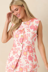 Well Put Together Coral & Ivory Floral Cotton Button Front Vest