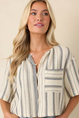 FRNCH Valea Ivory & Black Stripe Cotton Button Front Top