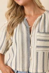 FRNCH Valea Ivory & Black Stripe Cotton Button Front Top