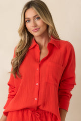 Z Supply The Perfect Poppy Red Airy Cotton Gauze Button Up Top
