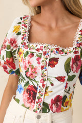 Painted Garden Ivory Multi Floral Cotton Puff Sleeve Top