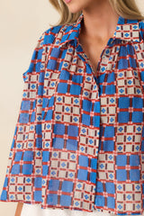 FRNCH Chrysocolle Blue Multi Cotton Silk Blend Tile Print Blouse