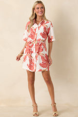 MINKPINK Isla Peach Hibiscus Mini Shirt Dress