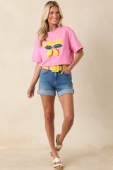MINKPINK Limone Pink Citrus Print Relaxed Oversized Cotton Tee