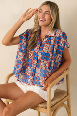 FRNCH Chrysocolle Blue Multi Cotton Silk Blend Tile Print Blouse