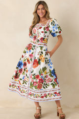 Painted Garden Ivory Multi Floral Cotton Puff Sleeve Top