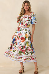 Painted Garden Ivory Multi Floral Cotton Midi Skirt