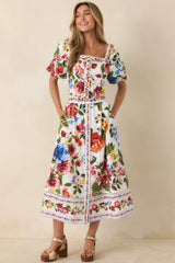 Painted Garden Ivory Multi Floral Cotton Midi Skirt