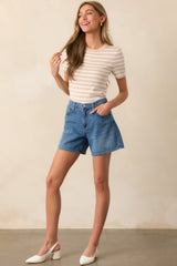 Let's Catch Up Beige Stripe Short Sleeve Top