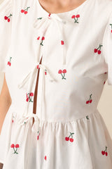 Pucker Up White Cotton Cherry Embroidered Peplum Top
