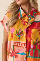 Urban Jungle Orange Tropical Print Cotton Button Front Top