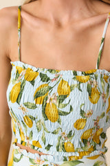 On The Sunny Side Light Blue Lemon Print Smocked Crop Top