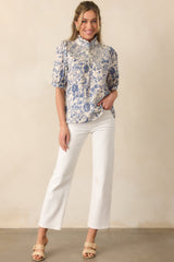 The Gift Of Time Blue Cotton Toile Half Sleeve Top