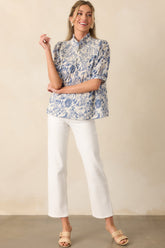 The Gift Of Time Blue Cotton Toile Half Sleeve Top