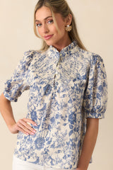 The Gift Of Time Blue Cotton Toile Half Sleeve Top