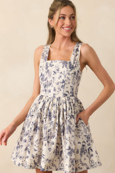 Everything Is Better Ash Blue Floral Toile Cotton Mini Dress