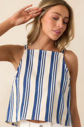 Exploring New Interests Blue Stripe Canvas Bow Back Top