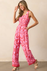 Take The Leap Coral Pink Floral Button Front Belted Jumpsuit