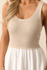 Soft Spaces Beige Sleeveless Knit Bodice Midi Dress
