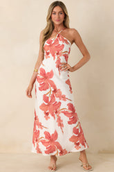 MINKPINK Isla Peach Hibiscus Halter Maxi Dress