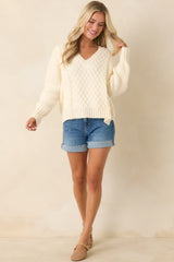 Softly Structured Ivory Knit Textured Panel V-Neck Sweater