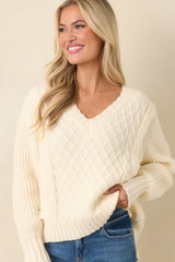 Softly Structured Ivory Knit Textured Panel V-Neck Sweater