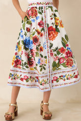 Painted Garden Ivory Multi Floral Cotton Midi Skirt