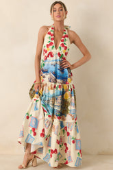 Market to Marina Ivory Multi Coastal Print Cotton Halter Maxi Dress