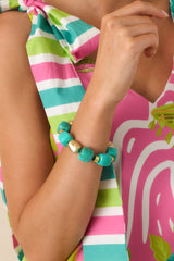 Just Saying Turquoise & Gold Beaded Stretch Bracelet