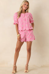 Look At You Pink Cotton Floral Embroidered Button Front Top