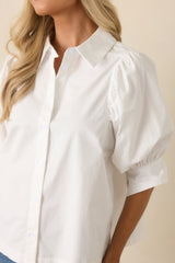 Not Your Basic White Cotton Puff Sleeve Button-Up Top