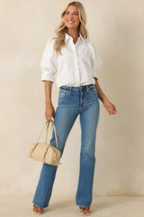 Not Your Basic White Cotton Puff Sleeve Button-Up Top