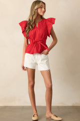 Don't Overthink It Red Short Sleeve Belted Peplum Top