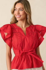 Don't Overthink It Red Short Sleeve Belted Peplum Top