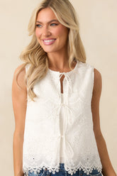 Never Settle White Cotton Embroidered Eyelet Bow Front Top