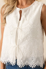 Never Settle White Cotton Embroidered Eyelet Bow Front Top