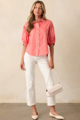 A Twist On Classic Pink Coral Cotton Button Front Top