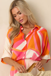 No Map Needed Orange Geometric Print Rayon Button Front Top