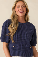 Nothing But Time Navy Knit Cotton Short Sleeve Sweater