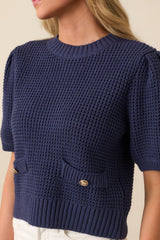 Nothing But Time Navy Knit Cotton Short Sleeve Sweater