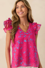 Always Remember Fuchsia Floral Cotton Flutter Sleeve Top