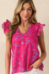 Always Remember Fuchsia Floral Cotton Flutter Sleeve Top