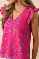 Always Remember Fuchsia Floral Cotton Flutter Sleeve Top
