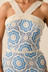 Midnight Muse Light Blue Floral Embroidered Drop Waist Maxi Dress
