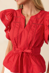 Don't Overthink It Red Short Sleeve Belted Peplum Top